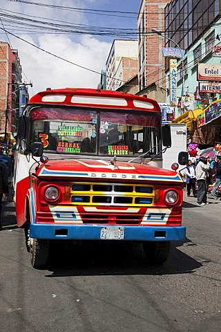 Vintage red Dodge bus in La Paz, Bolivia, South America