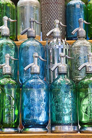 Antique siphon bottles, San Telmo Antiques Market, Plaza Dorrego, Buenos Aires, Argentina, South America