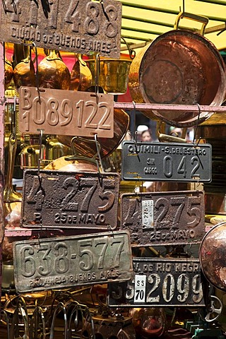 Rusty house number and car plates, San Telmo Antiques Market, Plaza Dorrego, Buenos Aires, Argentina, South America