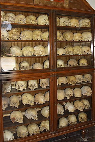 Martyrs' skulls and bones, ossuary, former windmill, Arkadi Monastery, Moni Arkadi, National Monument, Crete, Greece, Europe