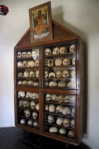 Ossuary, skulls and bones of the explosion victims, Arkadi Monastery, Moni Arkadi, National Monument, Crete, Greece, Europe