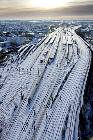 Aerial picture, snow-covered tracks, winter, Hamm Central Station, Ruhr area, North Rhine-Westphalia, Germany, Europe