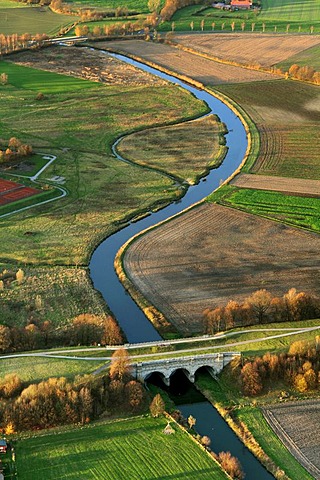 Aerial view, meandering river Stever, canal bridge, Alte Fahrt canal, Olfen, Muensterland region, North Rhine-Westphalia, Germany, Europe
