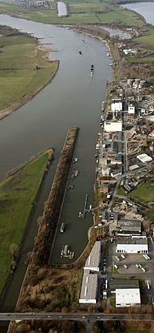 Aerial view, Rhine river harbour, river Lippe estuary, bridge, Weseler Strasse street, Wesel, Niederrhein region, North Rhine-Westphalia, Germany, Europe