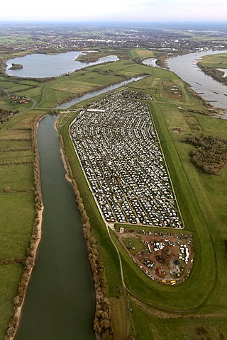 Aerial view, large ground camping, Grav-Insel island, Rhine river, Wesel, Niederrhein region, North Rhine-Westphalia, Germany, Europe