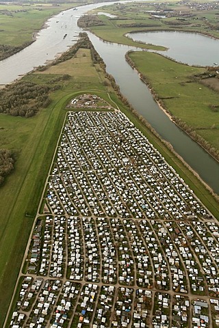 Aerial view, large ground camping, Grav-Insel island, Rhine river, Wesel, Niederrhein region, North Rhine-Westphalia, Germany, Europe