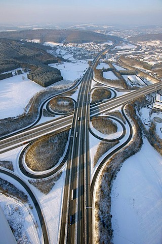 Aerial photo, highway intersection Olpe A4, A45, Sauerlandlinie, snow, winter, Wenden, North Rhine-Westphalia, Germany, Europe