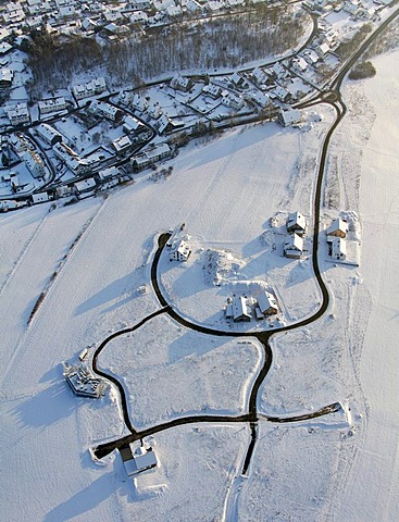 Aerial photo, construction area in the snow in winter, single-family homes, Olpe, North Rhine-Westphalia, Germany, Europe