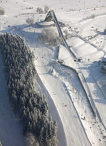 Aerial view, ski jump, snow, winter, Winterberg, North Rhine-Westphalia, Germany, Europe