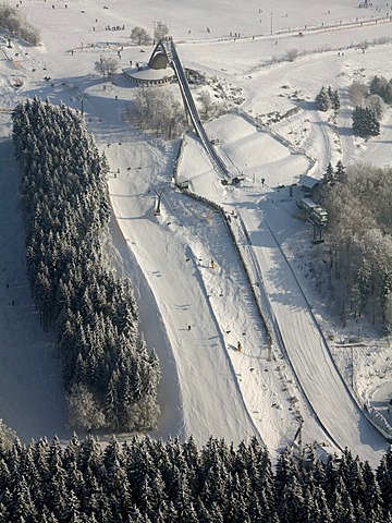 Aerial view, ski jump, snow, winter, Winterberg, North Rhine-Westphalia, Germany, Europe