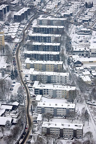 Aerial view, apartment buildings, snow, Buettenberg, Ennepetal, North Rhine-Westphalia, Germany, Europe