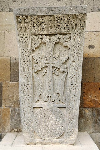 Historic cross-stone, khachkar, at the main Armenian orthodox cathedral, UNESCO World Heritage Site, Echmiadzin, Armenia, Asia