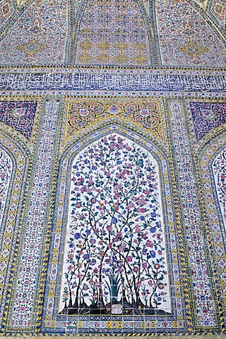 Colorful historic fayence tiles in the Vakil Mosque, Shiraz, Fars, Persia, Iran, Asia