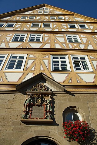 Half-timbered town hall, Moeckmuehl village, Jagst Valley, Baden-Wuerttemberg, Germany, Europe