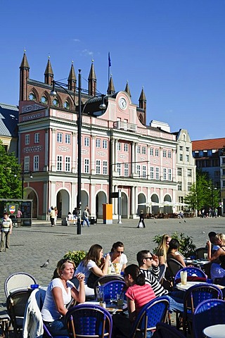 Neuer Markt square and town hall, sidewalk cafe, old town, Hanseatic city of Rostock, Mecklenburg-Western Pomerania, Germany, Europe