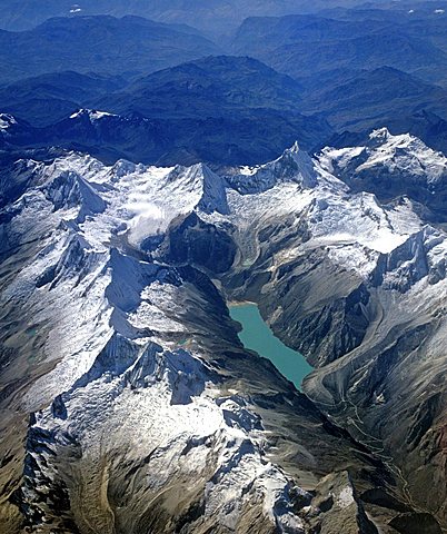 Laguna Paron mountain lagoon, Cordillera Blanca, aerial view, Andes, Peru, South America