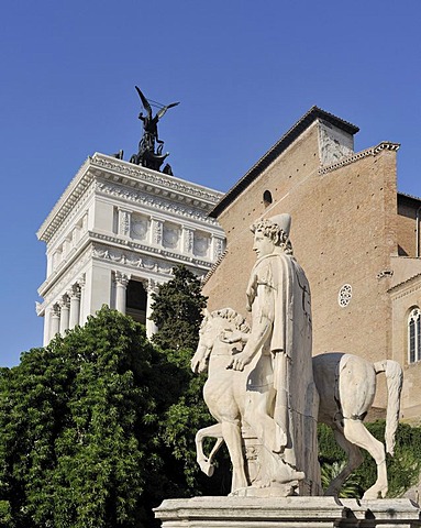 Dioscuri statue front of the church of Santa Maria in Aracoeli on Capitol Hill and the Monumento Nazionale a Vittorio Emanuele II or National Monument of Victor Emmanuel II, Rome, Lazio, Italy, Europe