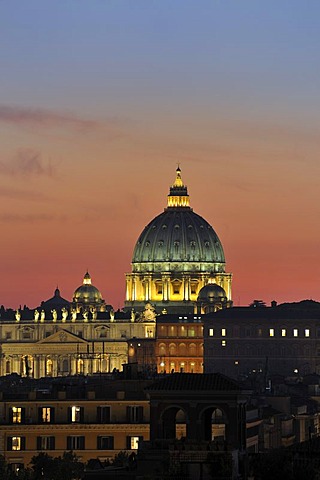 View from the Pincio to St. Peter's Basilica at dusk, Rome, Italy, Europe