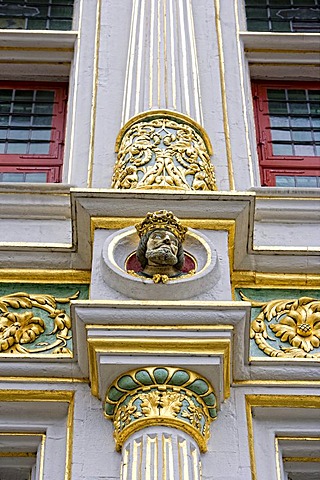 Figures on the Palace of Justice, Burgplein, Bruges in West Flanders, Belgium, Europe