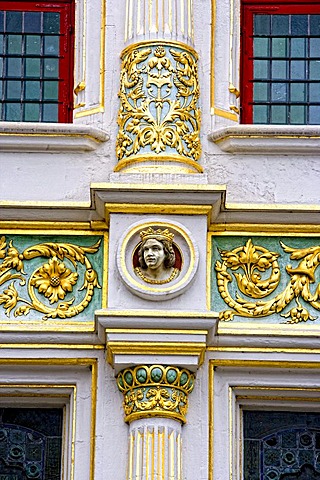 Figures on the Palace of Justice, Burgplein, Bruges in West Flanders, Belgium, Europe