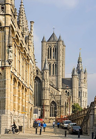 On the left, the historistic post office in neo-Gothic style, on the right St. Nicholas hurch, the Belfry behind, Graslei, Ghent, Flanders, Belgium, Europe