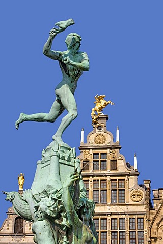 The Silvius Brabo fountain and facade of a guild house on the Grote Markt square, Antwerp, Flanders, Belgium, Europe