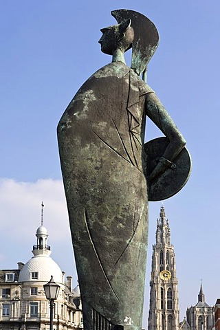 Statue of the goddess Minerva, Wandelterras Zuid promenade, with the Onze-Lieve-Vrouwekathedraal Cathedral of Our Lady, Antwerp, Flanders, Belgium, Europe