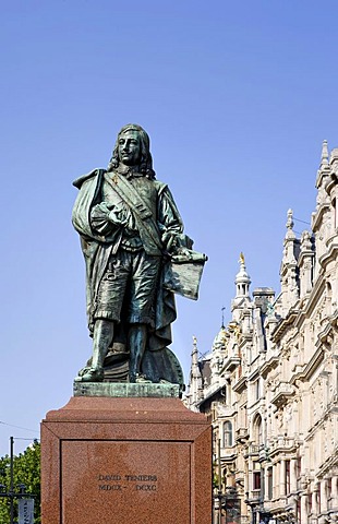 Statue of David Teniers the Younger, and art nouveau houses, Leysstraat, Antwerp, Flanders, Belgium, Europe