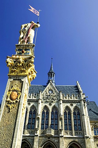 The city hall at the Fischmarkt square and the Roland statue, Erfurt, Thuringia, Germany, Europe