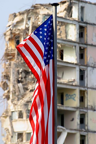 American flag in front of a demolished house, Cologne, North Rhine-Westphalia, Germany, Europe