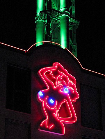 Female nude, neon sign, brothel in Duisburg, North Rhine-Westphalia, Germany, Europe