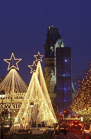 Tauentzienstrasse strasse and Kaiser-Wilhelm-Gedaechtniskirche, Kaiser Wilhelm Memorial Church at Breitscheidplatz square at Christmas time with fairy lights, Charlottenburg district, Berlin, Germany, Europe