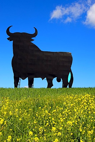 Bull silhouette, typical advertising of Spanish sherry Osborne, Malaga, Andalusia, Spain, Europe