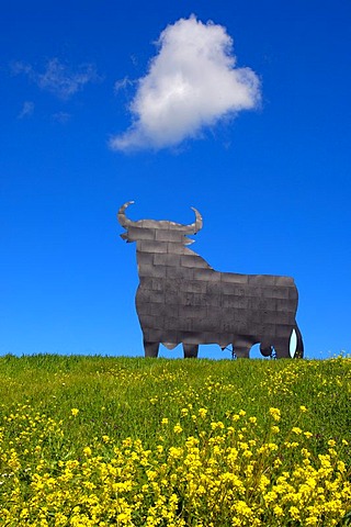 Bull silhouette, typical advertising of Spanish sherry Osborne, Malaga, Andalusia, Spain, Europe