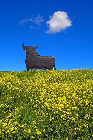 Bull silhouette, typical advertising of Spanish sherry Osborne, Malaga, Andalusia, Spain, Europe