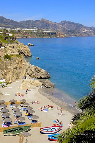 Playa Calahonda, view from Balcon de Europa, Balcony of Europe, Nerja, Costa del Sol, Malaga province, Andalusia, Spain, Europe