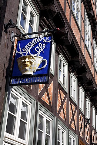 Cafe-sign made of ceramic, on a half-timbered house from the 17th century, Stieg, Quedlinburg, Harz, Saxony-Anhalt, Germany, Europe