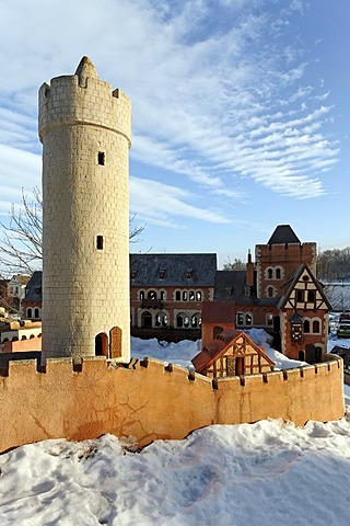 Large outdoor model of Burg Anhalt castle in winter, Ballenstedt, northern Harz, Saxony-Anhalt, Germany, Europe