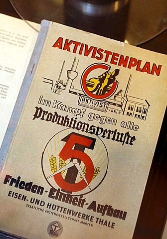 Political pamphlet against production losses, 5-year plan of the GDR, Huettenmuseum Thale ironworks museum, Thale, Harz, Saxony-Anhalt, Germany, Europe