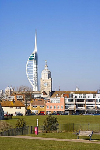 Spires of Portsmouth Cathedral, Spinnaker Tower and Governor's Garden from King's Bastion, Old Portsmouth, Hampshire, England, United Kingdom, Europe