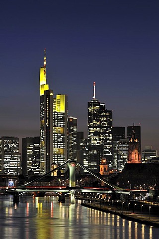 Frankfurt skyline seen from the east with Floesserbruecke bridge, Frankfurt am Main, Hesse, Germany, Europe