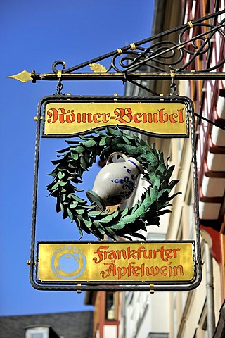 Inn sign of the traditional tavern Wirtshaus Roemerbembel, Roemerberg square, Frankfurt am Main, Hesse, Germany, Europe