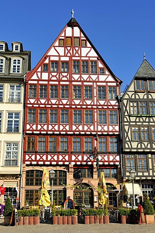 Reconstructed half-timbered house in the Eastern row of the Roemerberg square or Samstagsberg, Frankfurt am Main, Hesse, Germany, Europe