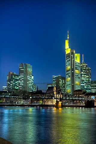 Skyline in the evening light, banks, Commerzbank, river Main, Frankfurt, Hesse, Germany, Europe