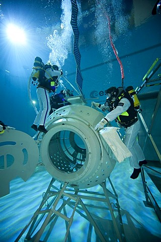 Backup divers and astronauts practicing with a space station module reproduction in a diving basin, European Space Agency, ESA, European Astronaut Center, EAC, Cologne, North Rhine-Westphalia, Germany, Europe