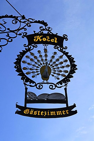 Elaborate advertising sign "Hotel Pfauen" hotel peacock, Hauptstr. 78, Endingen am Kaiserstuhl, Baden-Wuerttemberg, Germany, Europe