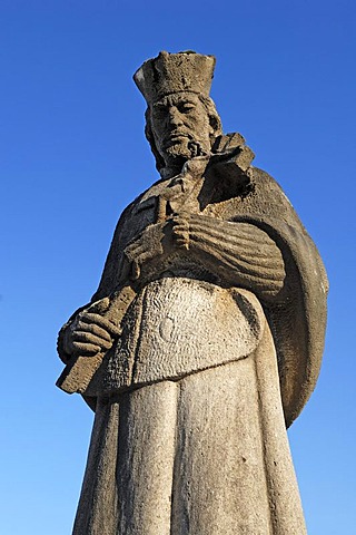 Old stone statue of St. Nepomuk, bridge saint, Upper Gate, Ebermannstadt, Upper Franconia, Bavaria, Germany, Europe