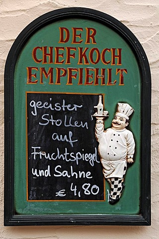 Menu board with cooking figure on a restaurant, Erlangen, Middle Franconia, Bavaria, Germany, Europe