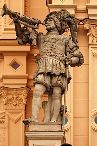 Statue showing a herald at the back side of Schwerin Castle, the castle was built between 1845 and 1857 during romantic historicism, Lennestrasse 1, Schwerin, Mecklenburg-Western Pomerania, Germany, Europe