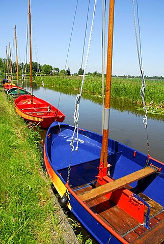 Colorful boats in the canal, landscape between Gouda, Oudewater and Reeuwijk, Reeuwijkse Plassen, Zuid-Holland, South Holland, the Netherlands, Europe